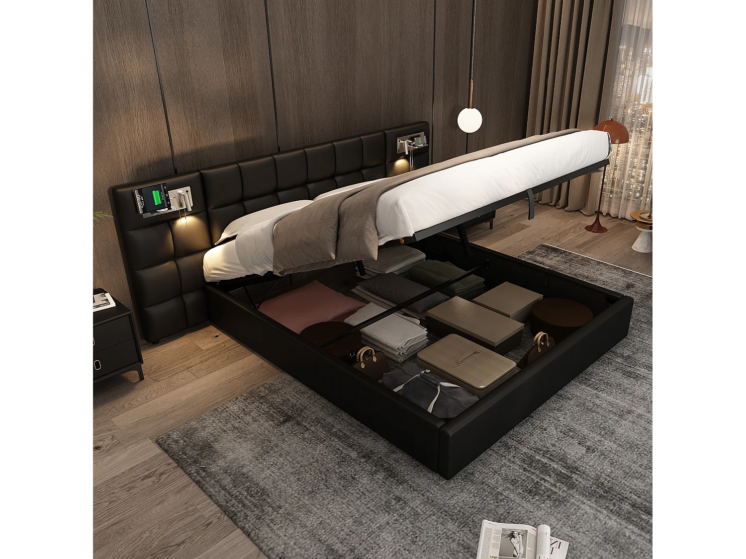 Lit hydraulique 180 x 200 cm, avec port USB, charge sans fil, lampe éclairante et rangement, cadre en PU noir, soutien en lattes de bois (180 x 200 cm)