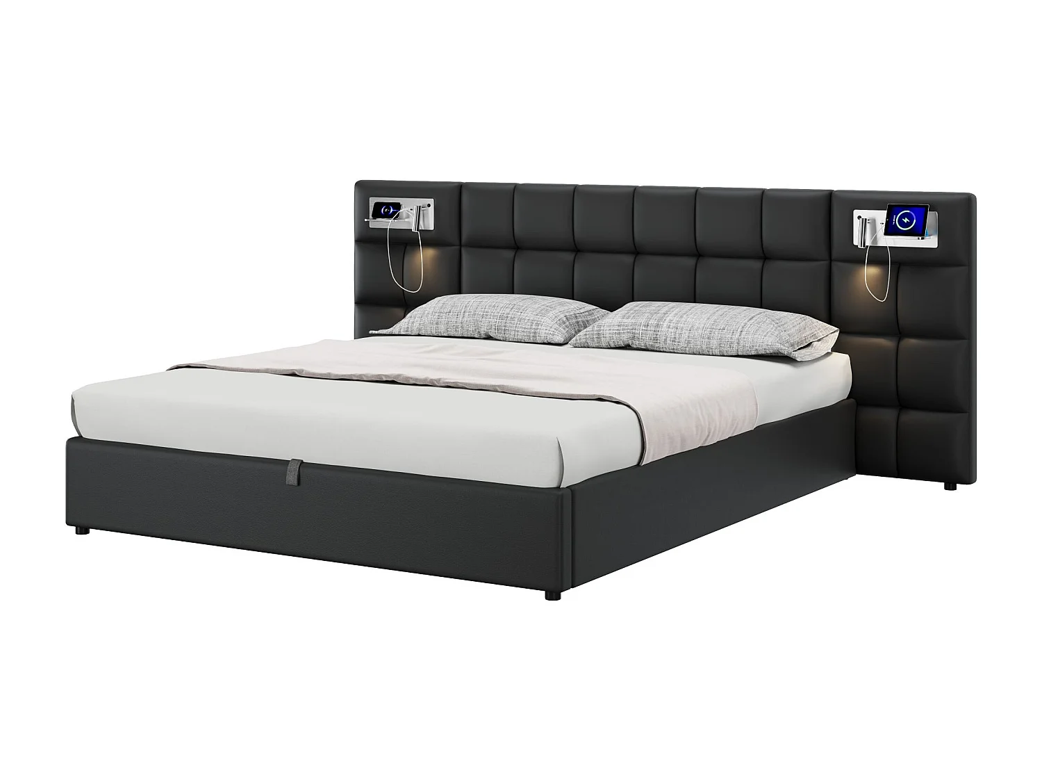 Lit hydraulique 180 x 200 cm, avec port USB, charge sans fil, lampe éclairante et rangement, cadre en PU noir, soutien en lattes de bois (180 x 200 cm)