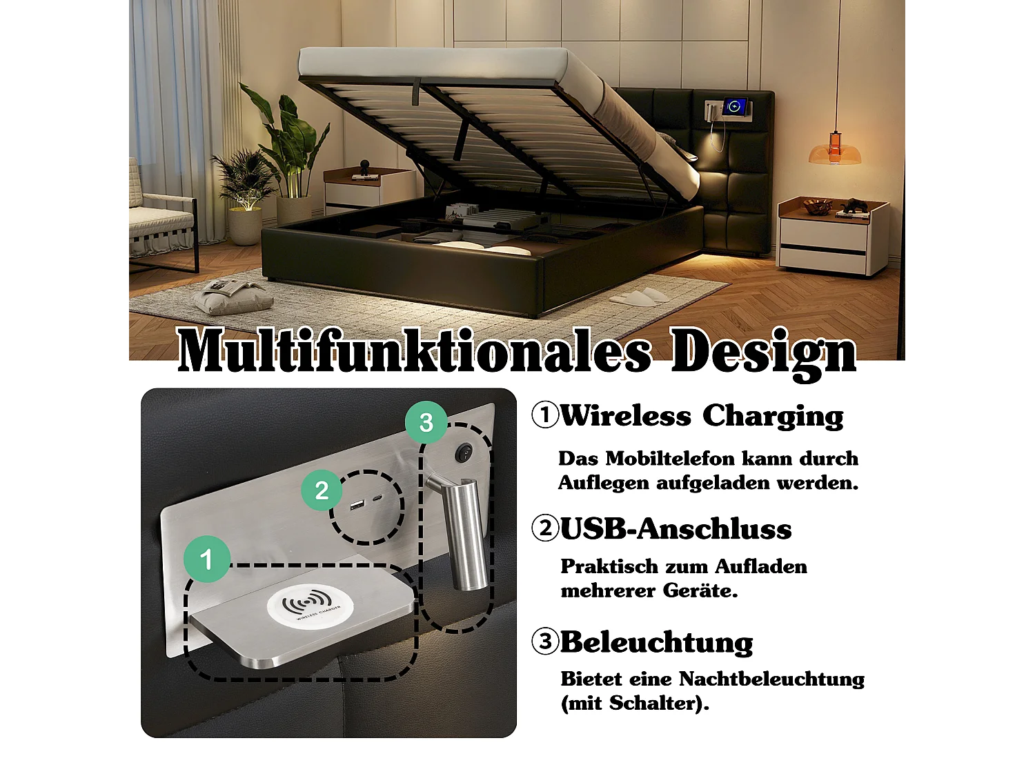 Lit hydraulique 180 x 200 cm, avec port USB, charge sans fil, lampe éclairante et rangement, cadre en PU noir, soutien en lattes de bois (180 x 200 cm)