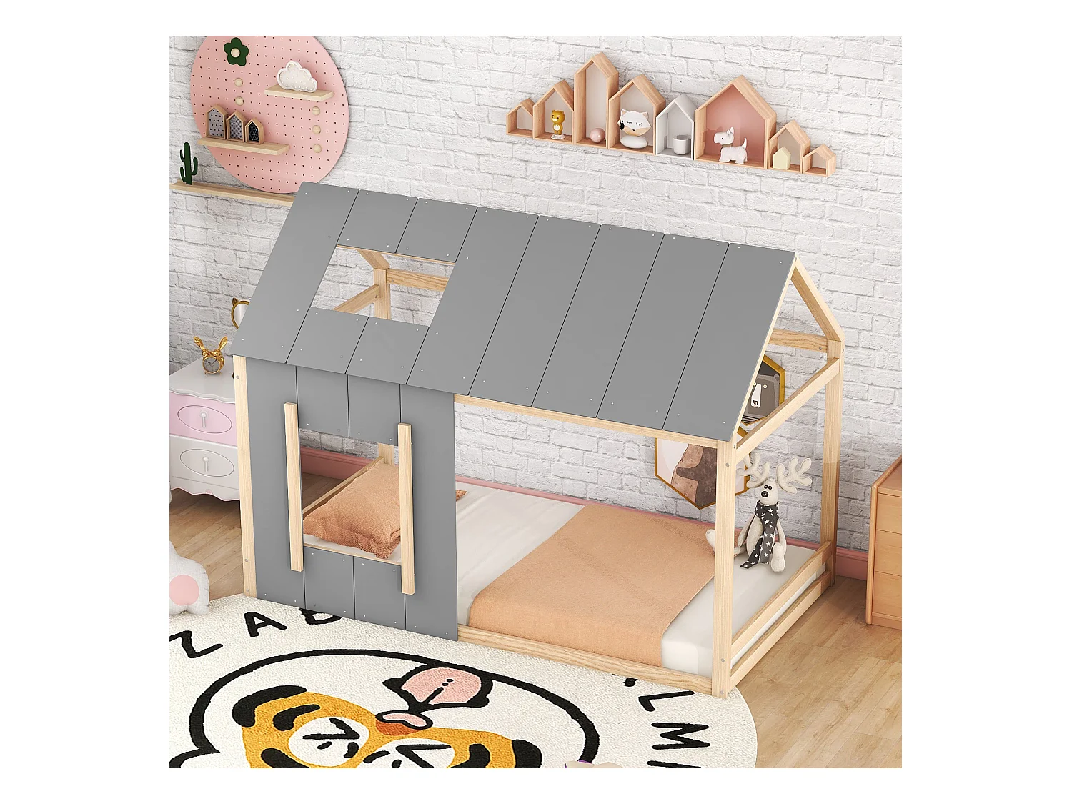 Lit enfant 90x200 cm, lit en forme de maison avec toit et fenêtres, en pin, naturel et gris (206x95x150 cm)