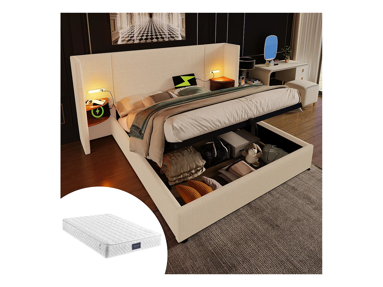 Lit double avec coffre hydraulique, tête de lit multifonction, corduroy beige-blanc, cadre métal et bois massif, avec lampe et ports USB (232x213x104cm)