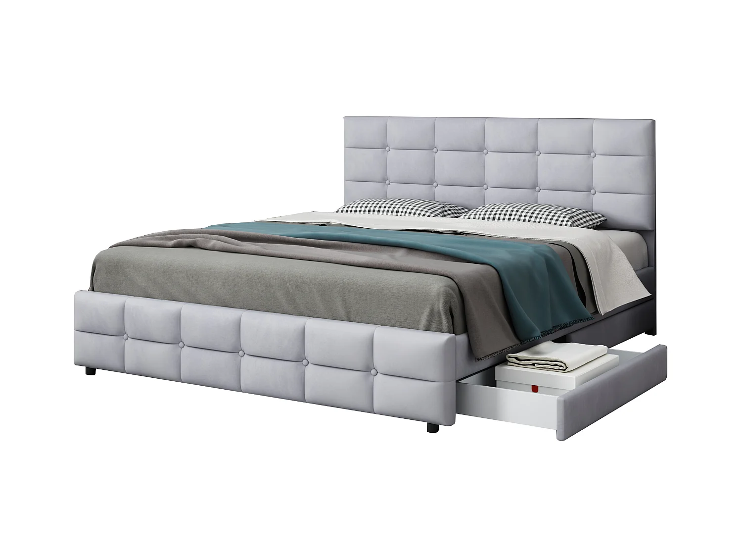 Lit 180 x 200 cm avec 4 tiroirs de rangement, tête de lit et sommier à lattes, tissu velours gris (203x183.5x97.5 cm)
