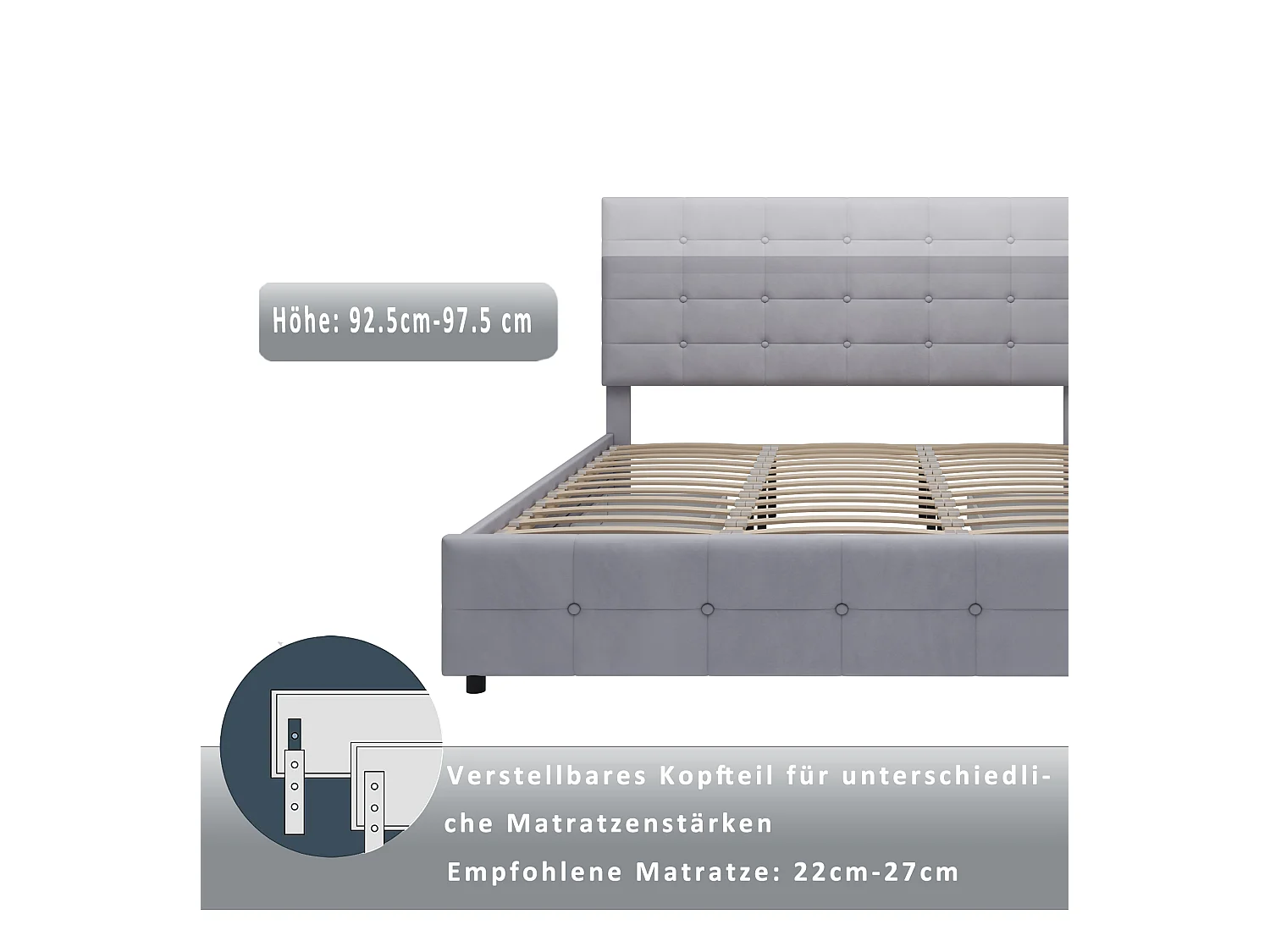 Lit 180 x 200 cm avec 4 tiroirs de rangement, tête de lit et sommier à lattes, tissu velours gris (203x183.5x97.5 cm)