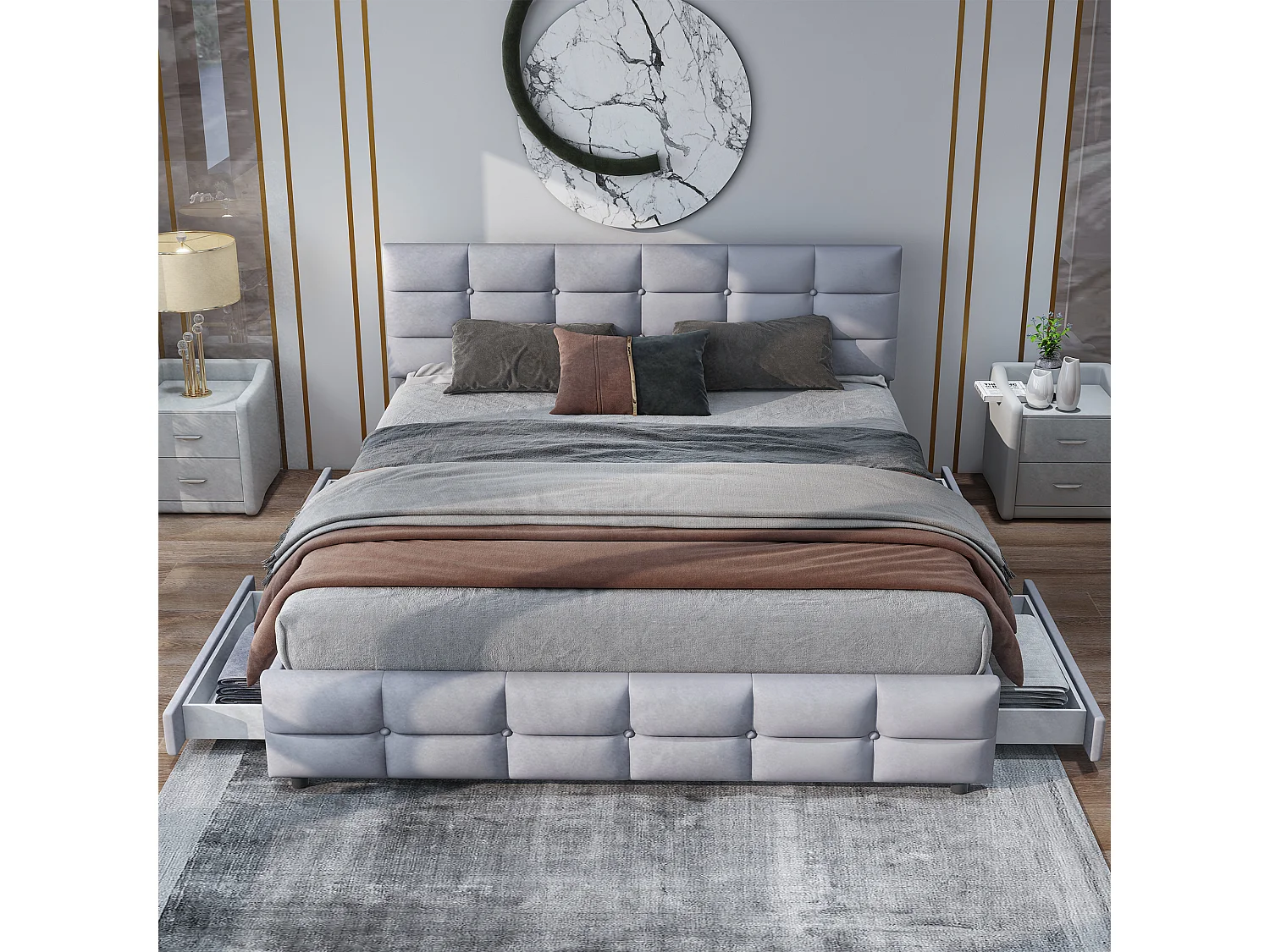 Lit 180 x 200 cm avec 4 tiroirs de rangement, tête de lit et sommier à lattes, tissu velours gris (203x183.5x97.5 cm)