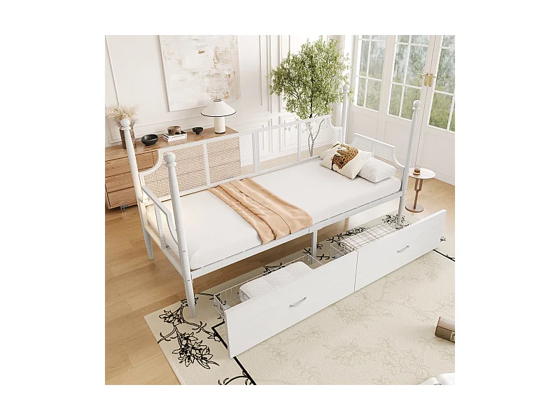 Lit multifonction 90x200, avec dossier en métal vintage, accoudoirs et étagères de rangement, cadre métallique, blanc (210x97x130 cm)