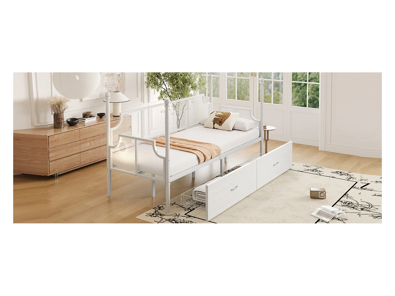 Lit multifonction 90x200, avec dossier en métal vintage, accoudoirs et étagères de rangement, cadre métallique, blanc (210x97x130 cm)