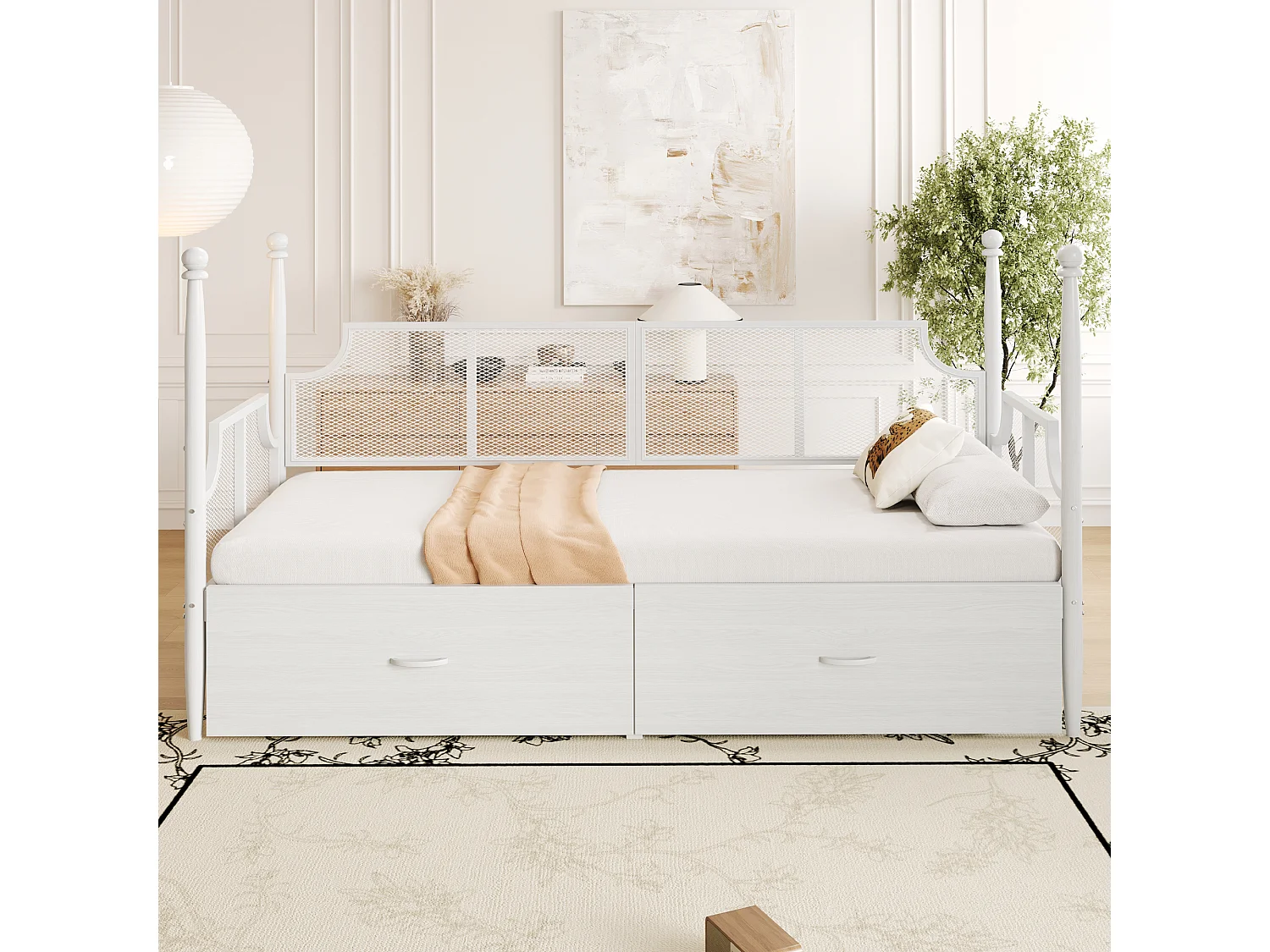 Letto multifunzionale 90x200, con schienale in metallo vintage, braccioli e ripiani portaoggetti, struttura in metallo, bianco (210x97x130 cm)