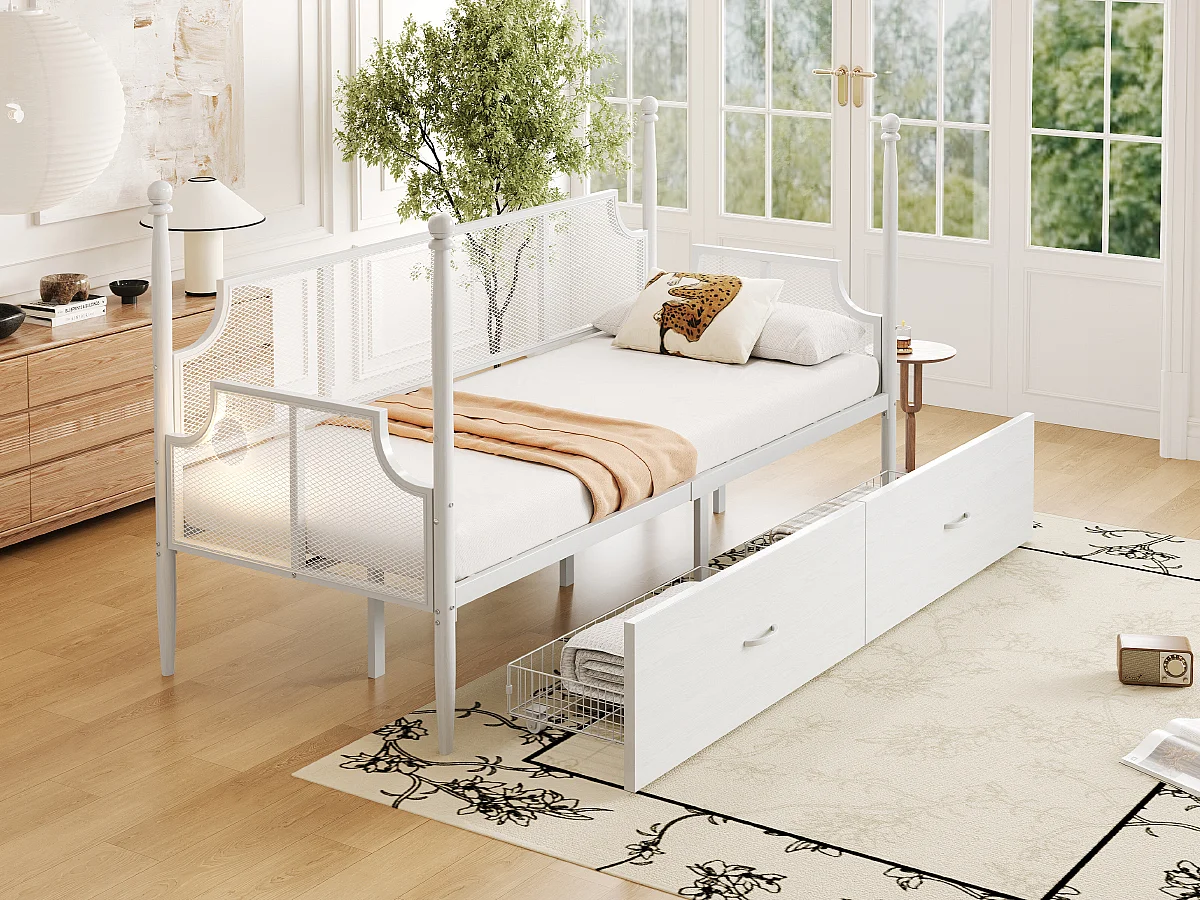 Letto multifunzionale 90x200, con schienale in metallo vintage, braccioli e ripiani portaoggetti, struttura in metallo, bianco (210x97x130 cm)