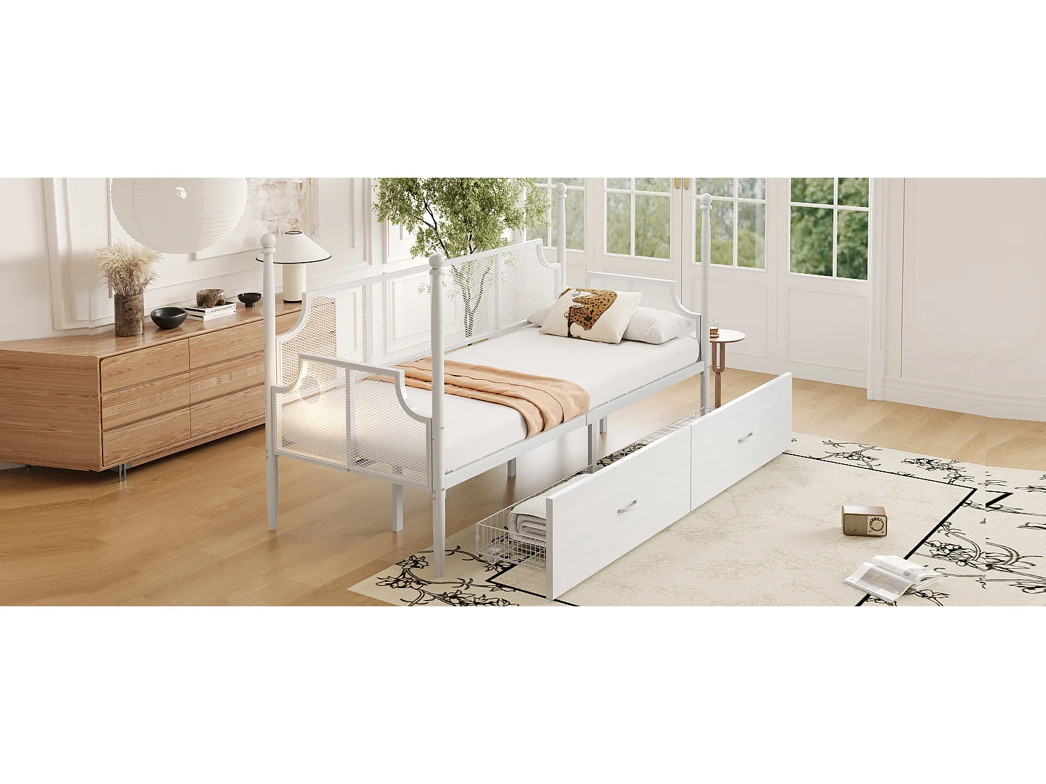 Letto multifunzionale 90x200, con schienale in metallo vintage, braccioli e ripiani portaoggetti, struttura in metallo, bianco (210x97x130 cm)