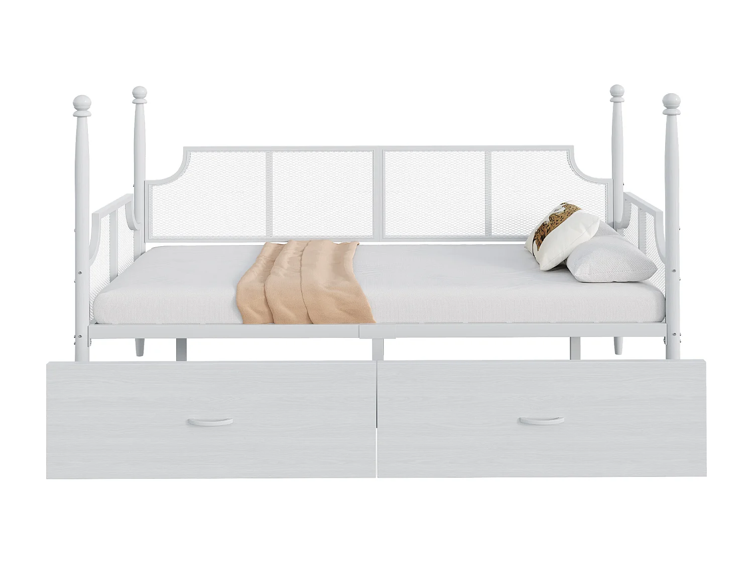 Letto multifunzionale 90x200, con schienale in metallo vintage, braccioli e ripiani portaoggetti, struttura in metallo, bianco (210x97x130 cm)