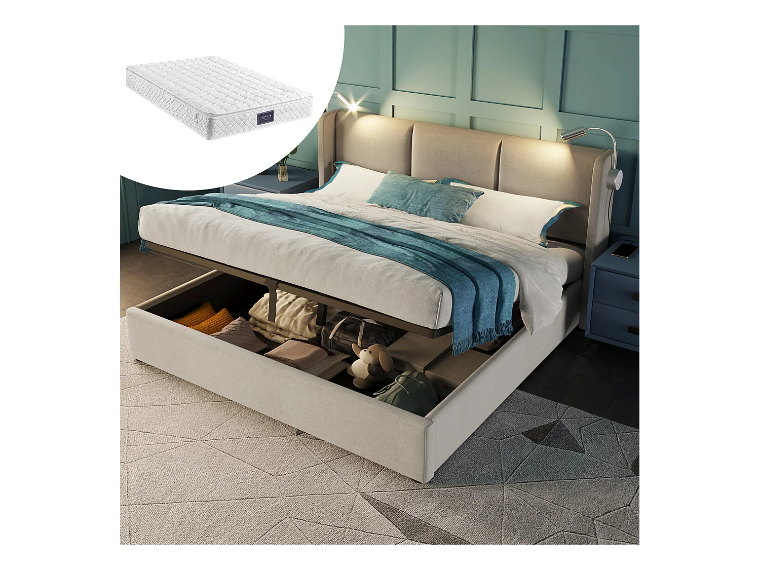 Letto con contenitore, 4 cassetti, testiera regolabile, funzione di ricarica LED e USB, struttura in lino, 140x200 cm (Dimensioni: 206x145x107 cm)