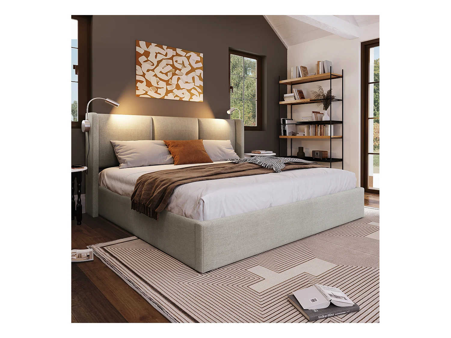 Letto con contenitore, 4 cassetti, testiera regolabile, funzione di ricarica LED e USB, struttura in lino, 140x200 cm (Dimensioni: 206x145x107 cm)