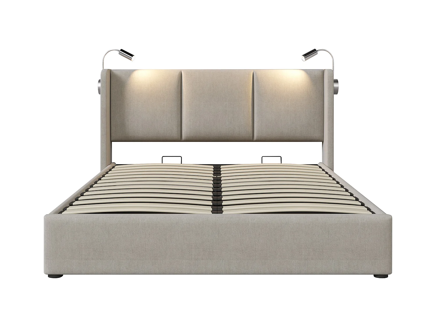 Letto con contenitore, 4 cassetti, testiera regolabile, funzione di ricarica LED e USB, struttura in lino, 140x200 cm (Dimensioni: 206x145x107 cm)