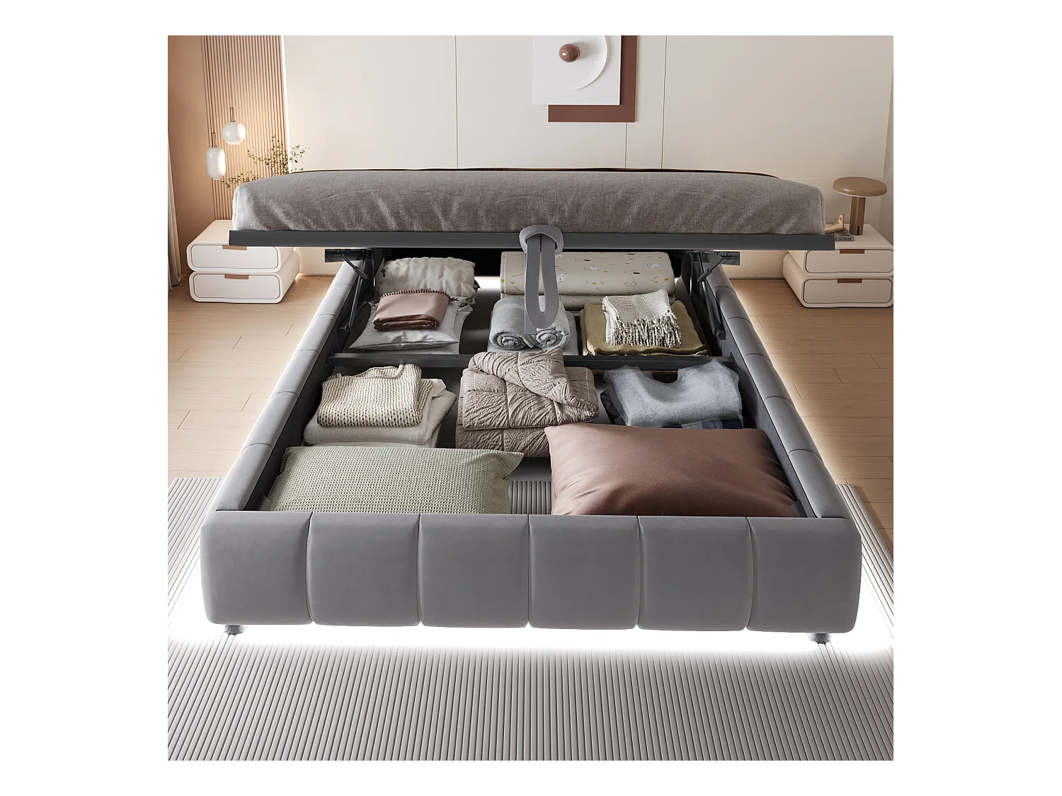 Lit avec rangement hydraulique 140x200 cm, sans tête de lit, avec LED intégrée, cadre flottant, gris (214.5x155x29.5 cm)