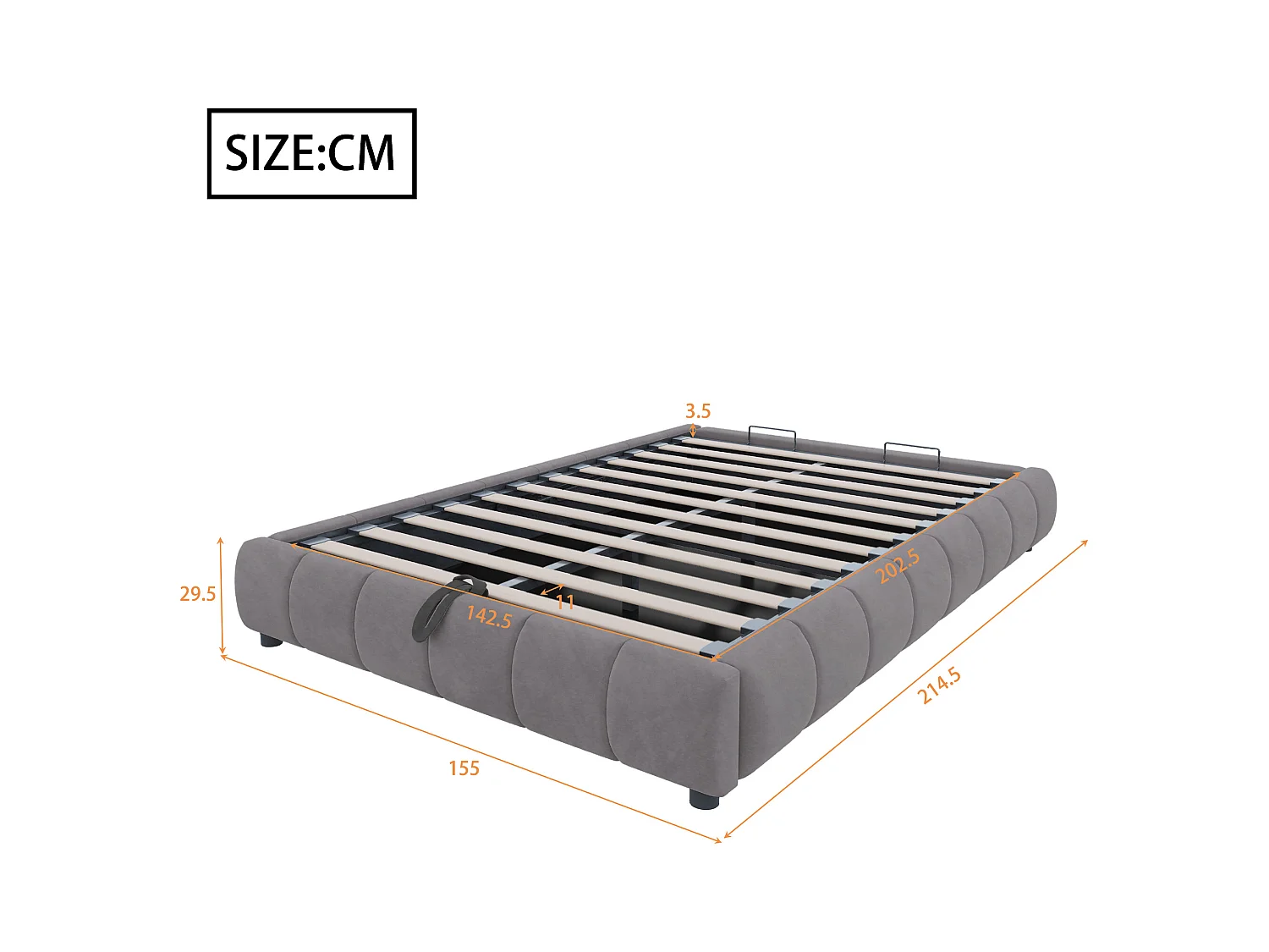 Lit avec rangement hydraulique 140x200 cm, sans tête de lit, avec LED intégrée, cadre flottant, gris (214.5x155x29.5 cm)