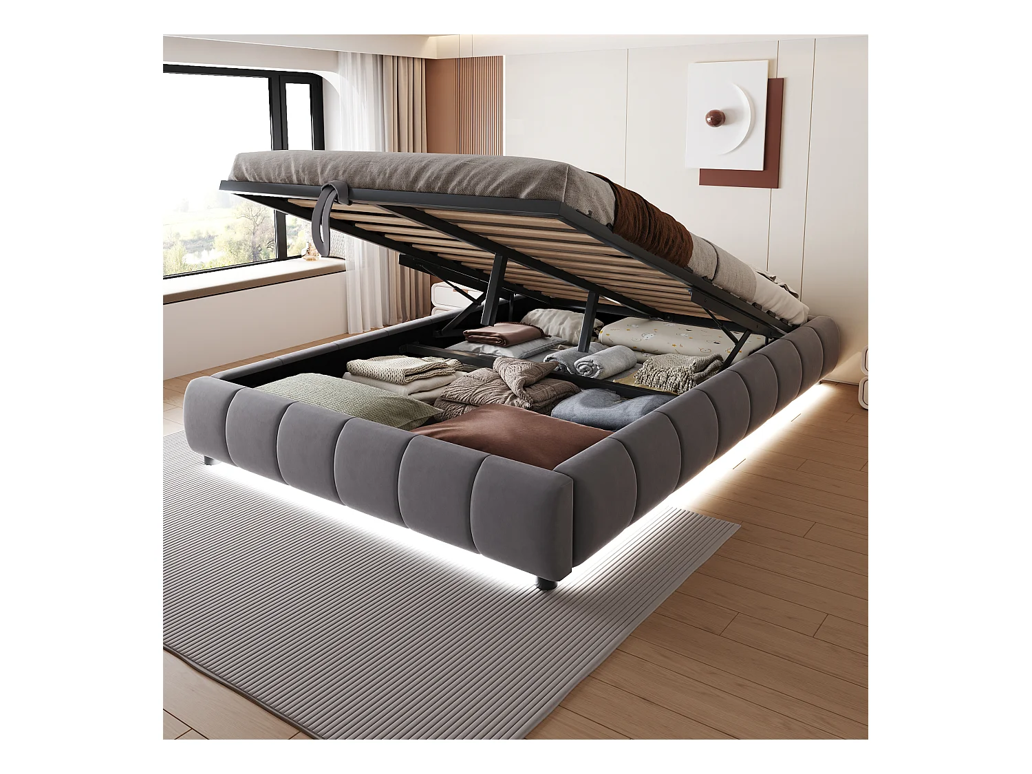 Lit avec rangement hydraulique 140x200 cm, sans tête de lit, avec LED intégrée, cadre flottant, gris (214.5x155x29.5 cm)