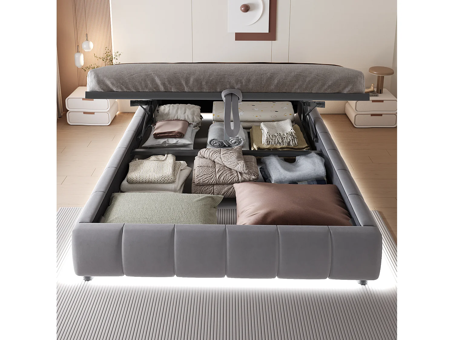 Lit avec rangement hydraulique 140x200 cm, sans tête de lit, avec LED intégrée, cadre flottant, gris (214.5x155x29.5 cm)