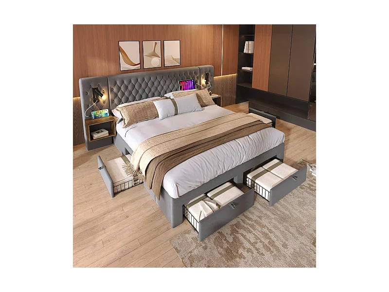 Bed met hydraulische opbergruimte, 160x200 cm, met 2 nachtkastjes, 4 lades, ledverlichting en USB-oplaadfunctie, grijs, fluweel (209x246,5x105 cm)