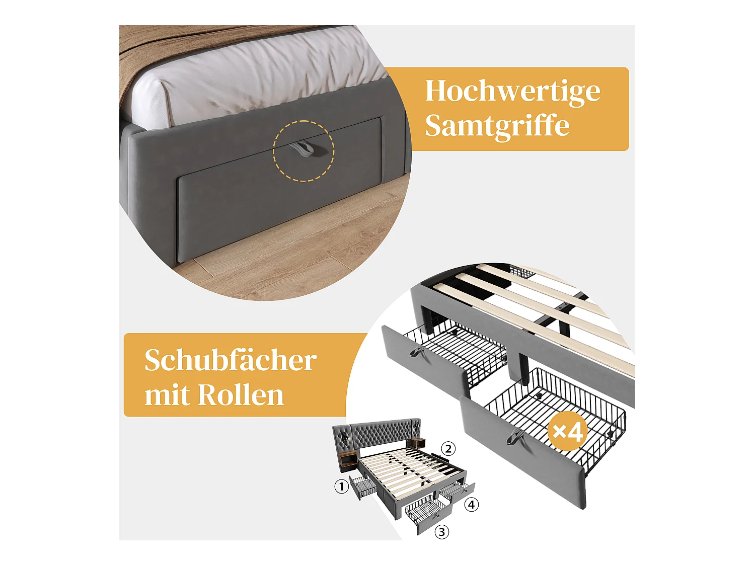 Bed met hydraulische opbergruimte, 160x200 cm, met 2 nachtkastjes, 4 lades, ledverlichting en USB-oplaadfunctie, grijs, fluweel (209x246,5x105 cm)