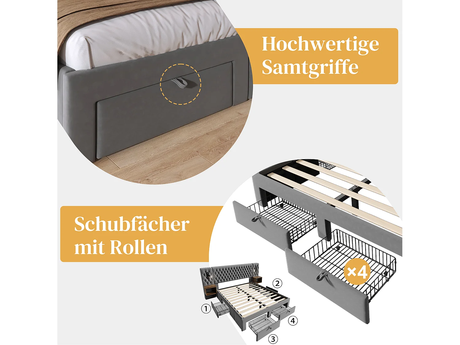 Lit avec rangement hydraulique, 160x200 cm, avec 2 tables de chevet, 4 tiroirs, éclairage LED et fonction de charge USB, gris, velours (209x246.5x105 cm)