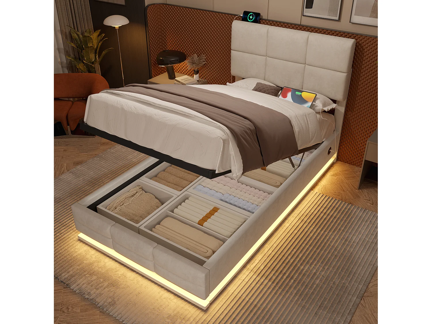 Letto moderno 90x200 cm con testiera geometrica, LED, USB Type-C, regolabile, 2 cassetti portaoggetti, idraulico (92x206x105-115 cm)