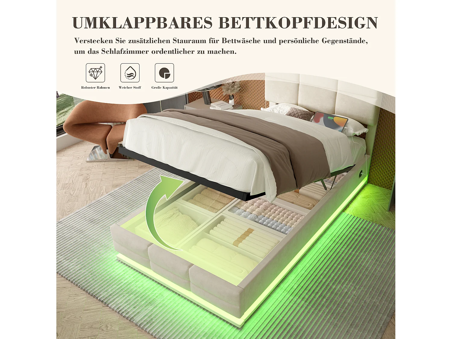 Letto moderno 90x200 cm con testiera geometrica, LED, USB Type-C, regolabile, 2 cassetti portaoggetti, idraulico (92x206x105-115 cm)