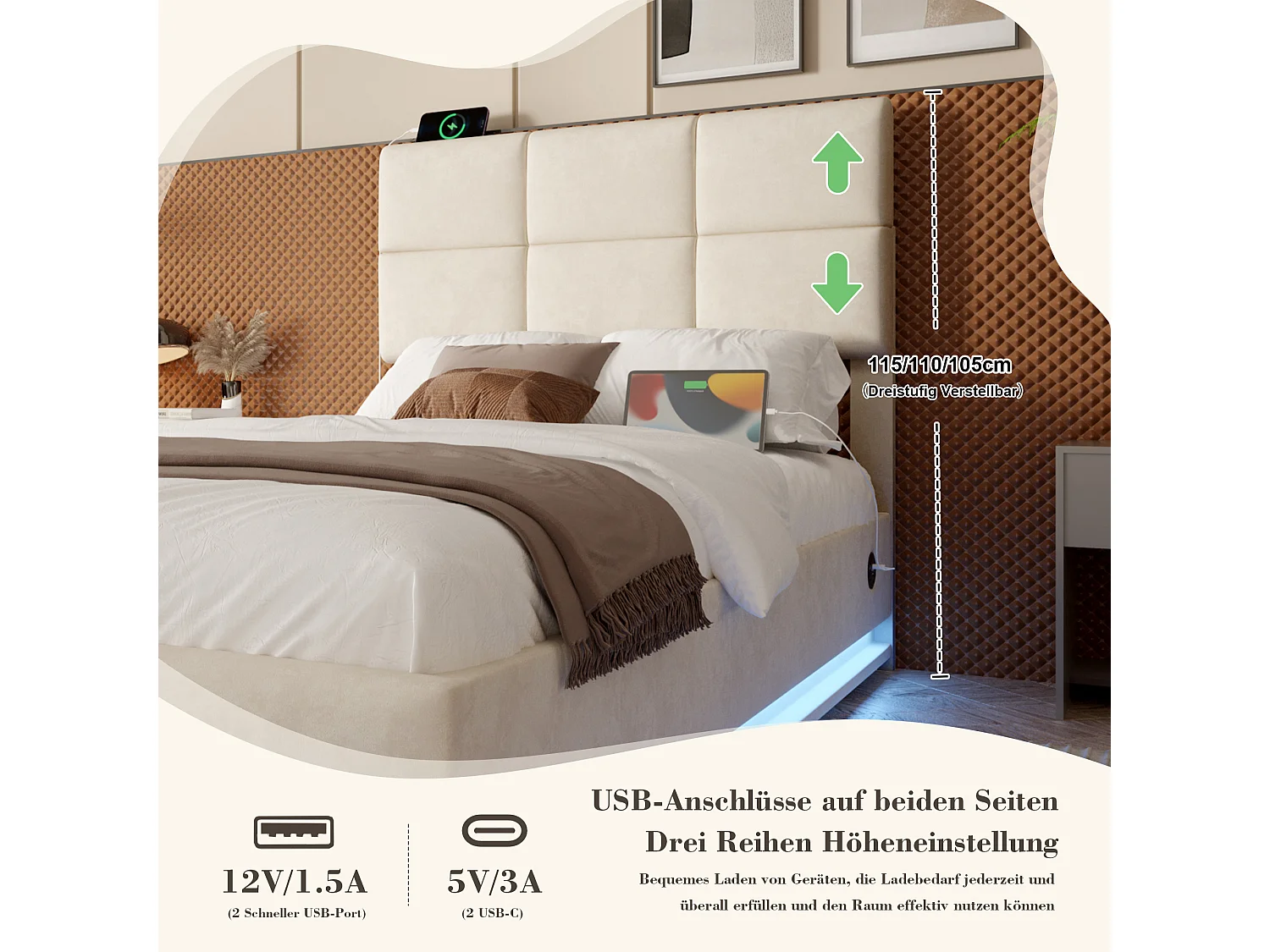 Cama moderna de 90x200 cm con cabecero geométrico, LED, USB Tipo-C, ajustable, 2 cajones de almacenaje, hidráulica (92x206x105-115 cm)