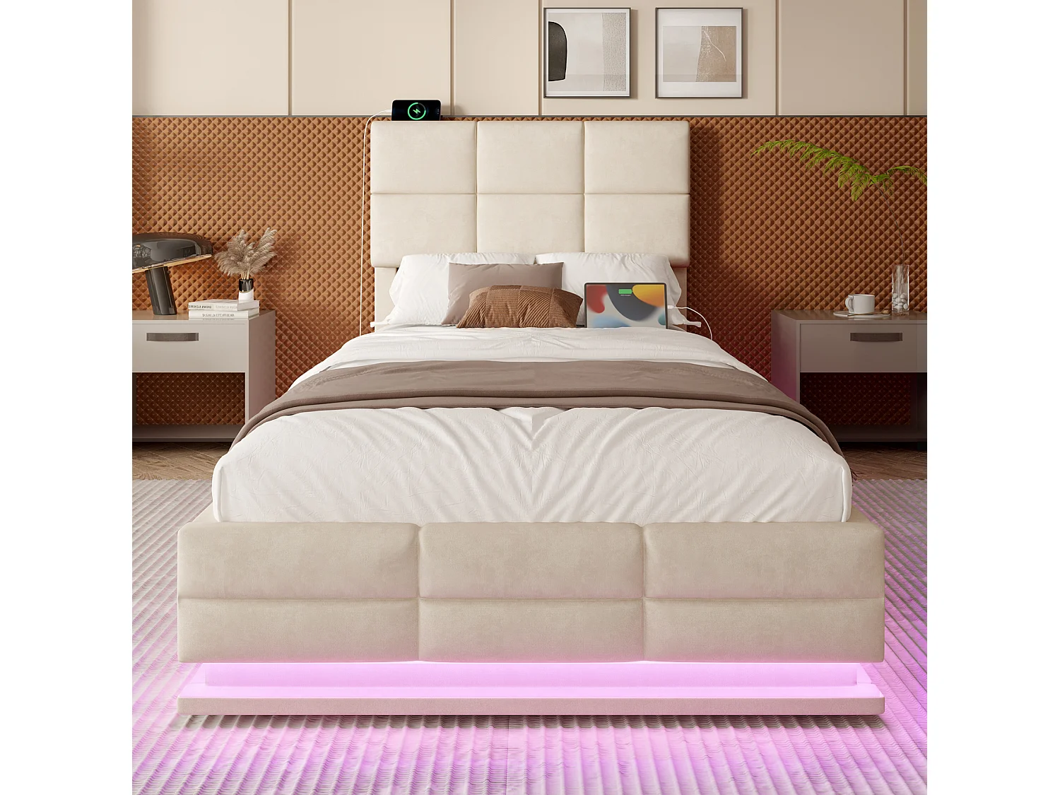 Cama moderna de 90x200 cm con cabecero geométrico, LED, USB Tipo-C, ajustable, 2 cajones de almacenaje, hidráulica (92x206x105-115 cm)