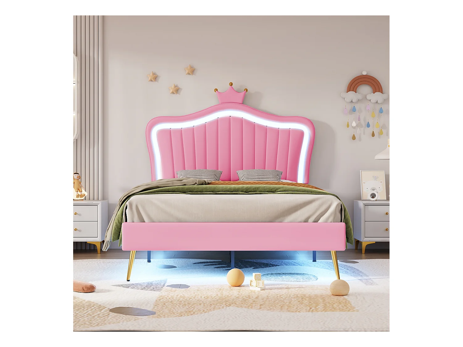 Lit enfant 90x200 cm avec tête de lit couronne, PU simili cuir, LED, sommier et dossier (203x102x122 cm)
