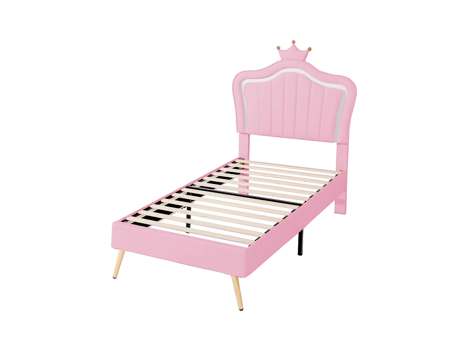 Lit enfant 90x200 cm avec tête de lit couronne, PU simili cuir, LED, sommier et dossier (203x102x122 cm)