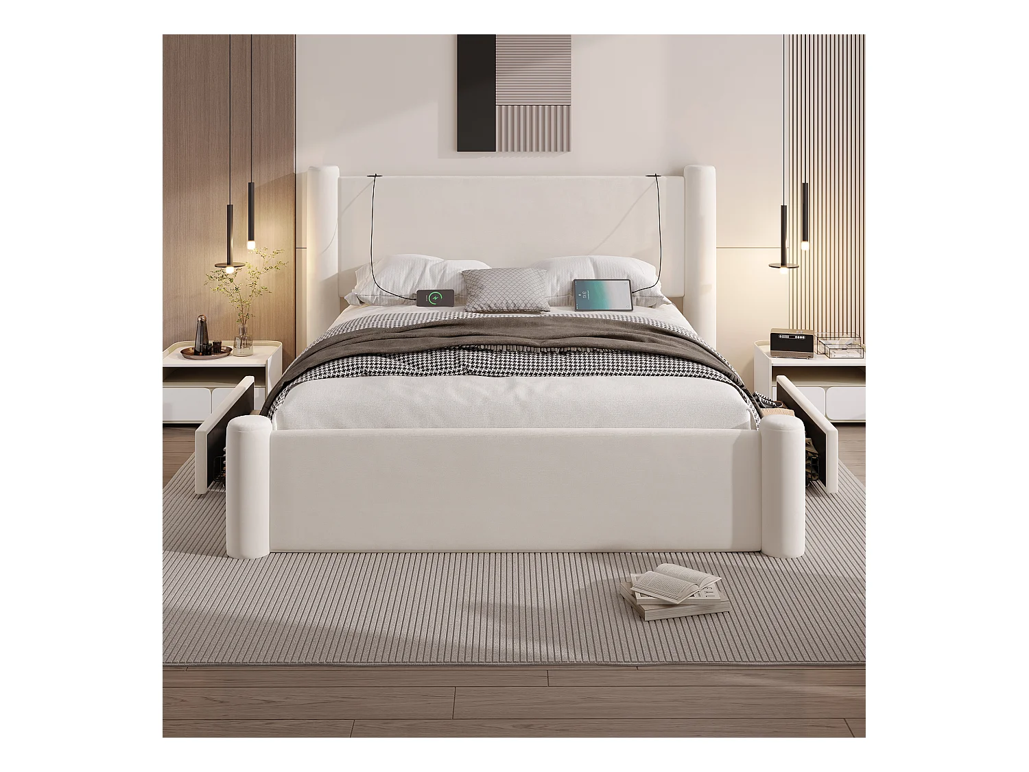 Lit 140 x 200 cm avec design moderne, tête de lit 3D en forme de colonne, cadre en métal, 2 tiroirs de rangement et ports USB intégrés, Beige (140x200 cm)