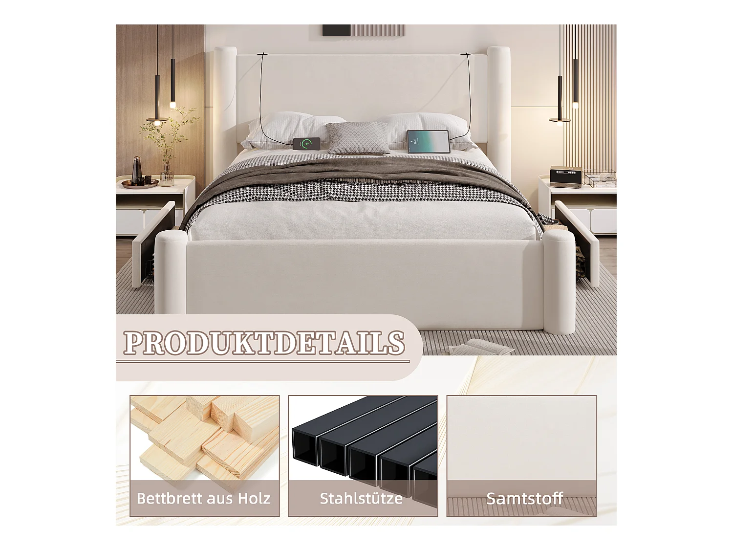 Lit 140 x 200 cm avec design moderne, tête de lit 3D en forme de colonne, cadre en métal, 2 tiroirs de rangement et ports USB intégrés, Beige (140x200 cm)