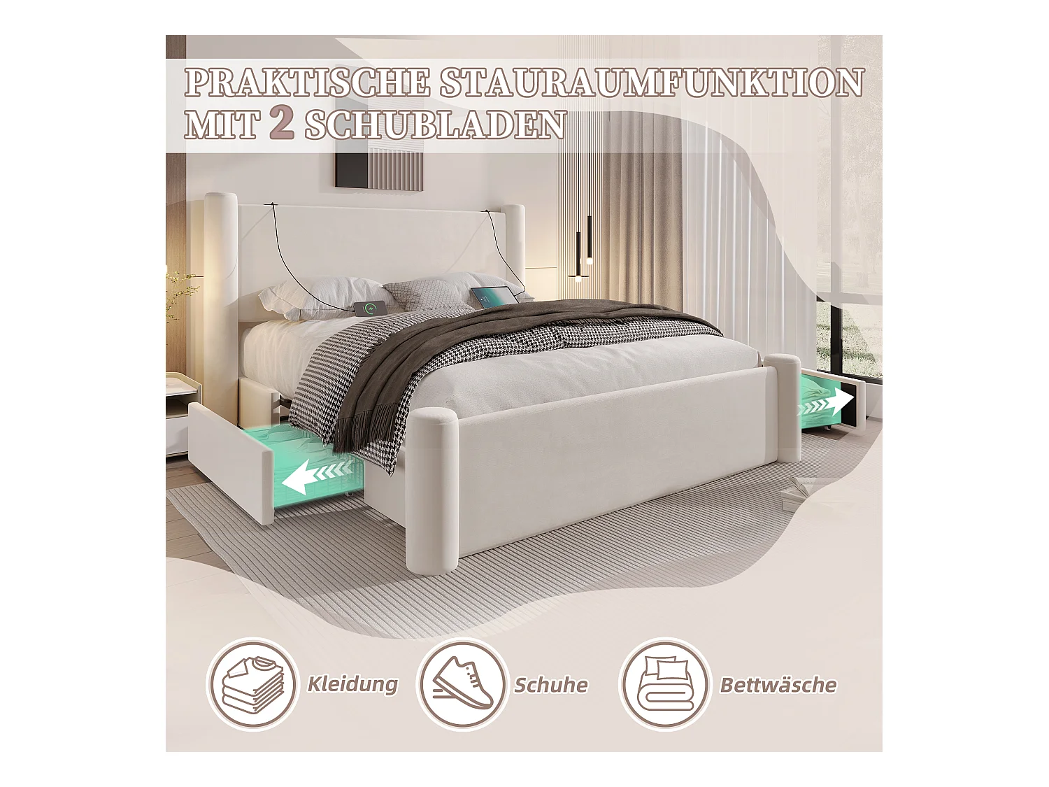 Lit 140 x 200 cm avec design moderne, tête de lit 3D en forme de colonne, cadre en métal, 2 tiroirs de rangement et ports USB intégrés, Beige (140x200 cm)