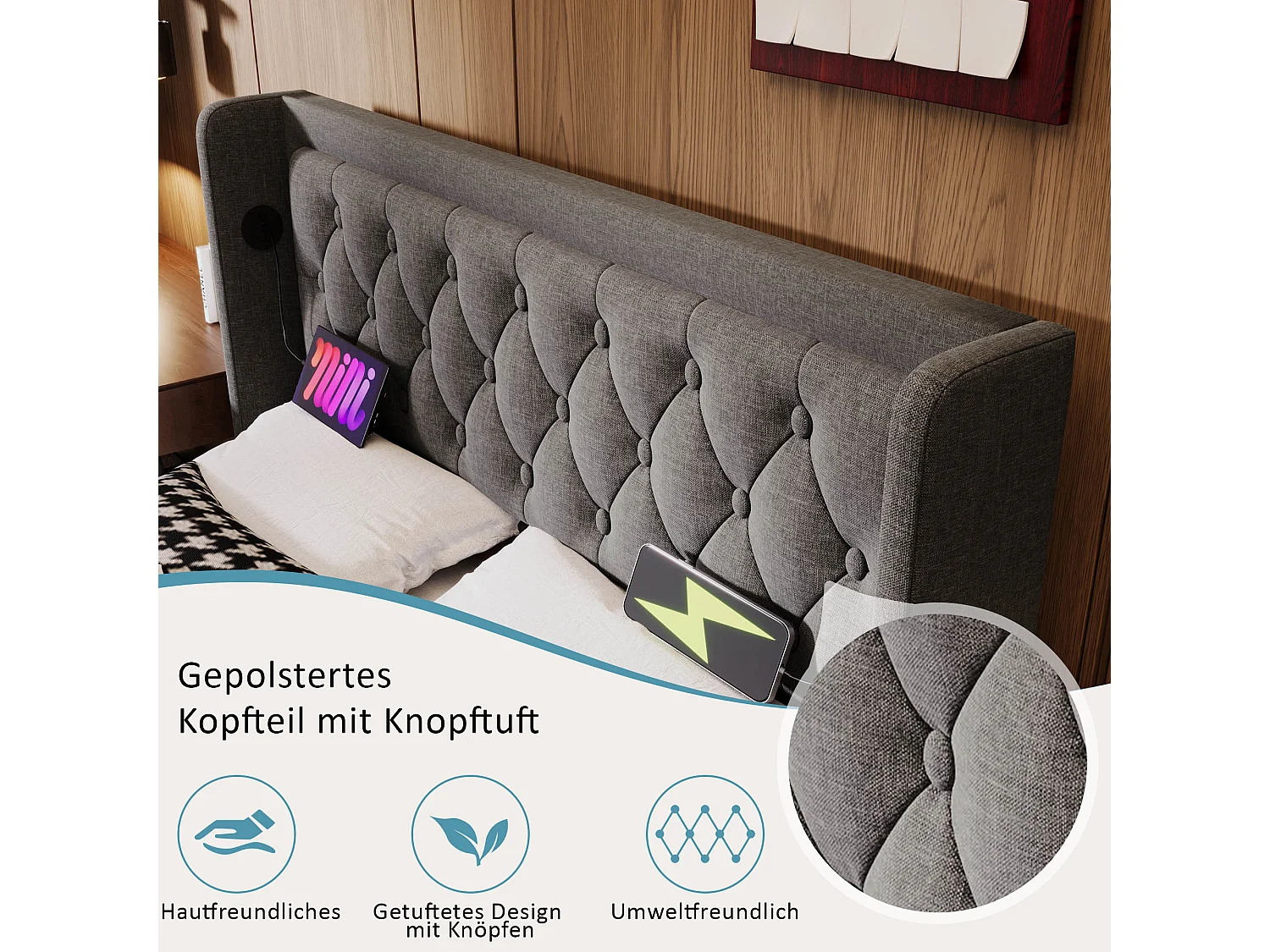 Letto matrimoniale 160\200 cm, grigio cotone, con contenitore idraulico, testiera USB Type-C e funzione LED su 3 lati (senza materasso)