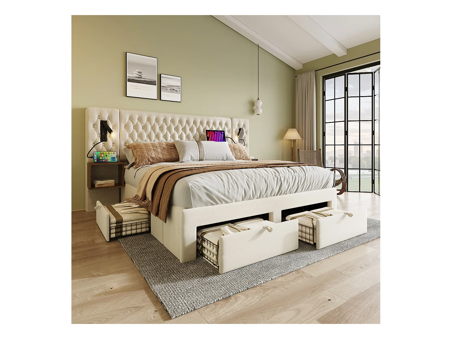 Letto con contenitore idraulico, 160x200 cm, con 2 comodini e 4 cassetti, illuminazione a LED, funzione di ricarica USB, beige, velluto (209x246,5x105 cm)