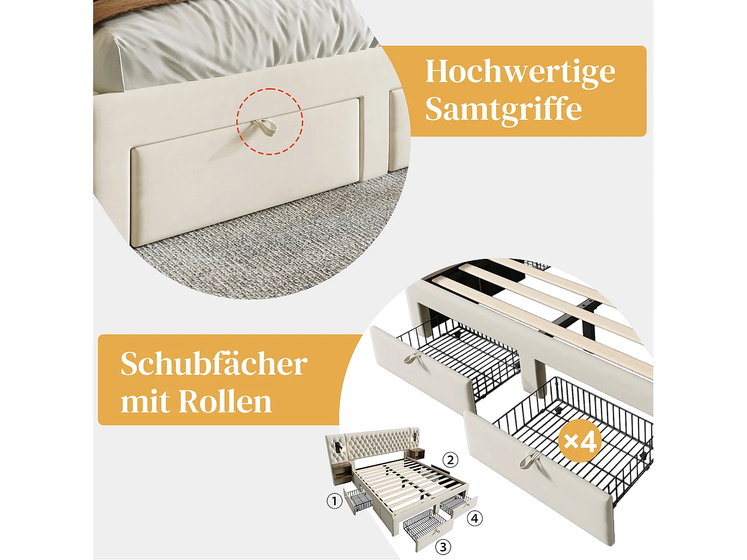 Lit avec rangement hydraulique, 160x200 cm, avec 2 tables de chevet et 4 tiroirs, éclairage LED, fonction de chargement USB, beige, velours (209x246.5x105 cm)