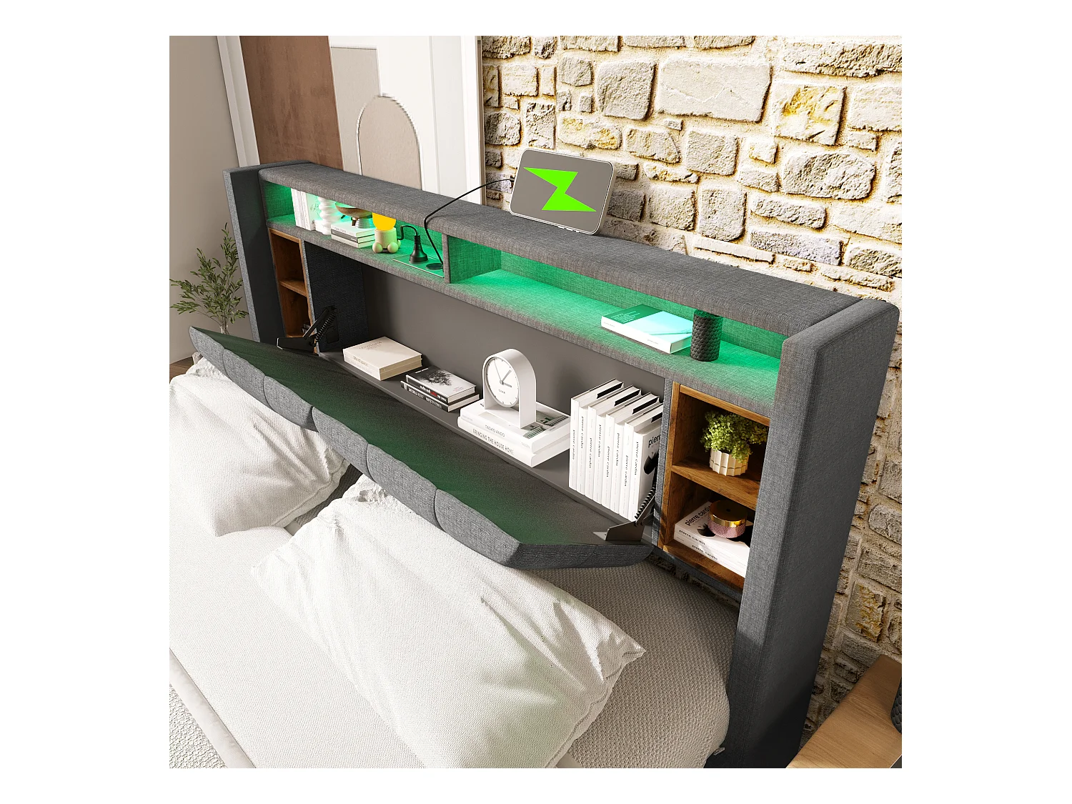 Lit double avec tête de lit de rangement, charge USB et éclairage LED, cadre en bois massif, gris (160x200 cm) (dimensions : 215x149x107 cm)