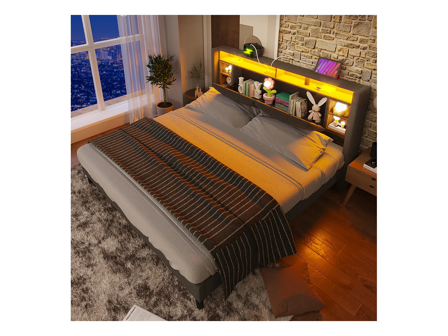 Tweepersoonsbed met opberghoofdeinde, USB-oplader en ledverlichting, massief houten frame, grijs (160x200 cm) (afmetingen: 215x149x107 cm)