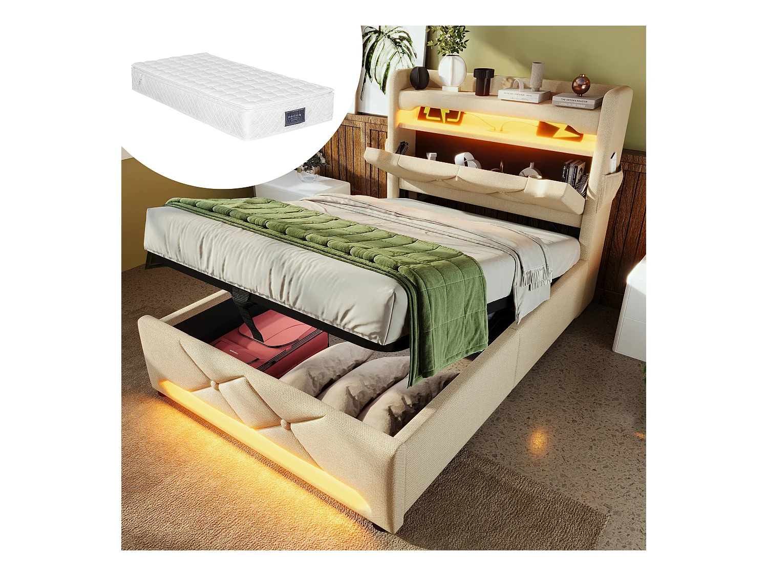 Cama individual de 90x200 cm con cabecero con almacenaje, puertos USB y Tipo C, LED Surround 360°, almacenaje hidráulico, lino beige (225x96x111 cm)