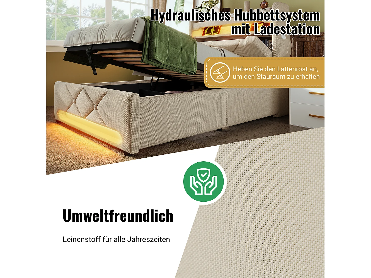 Cama individual de 90x200 cm con cabecero con almacenaje, puertos USB y Tipo C, LED Surround 360°, almacenaje hidráulico, lino beige (225x96x111 cm)