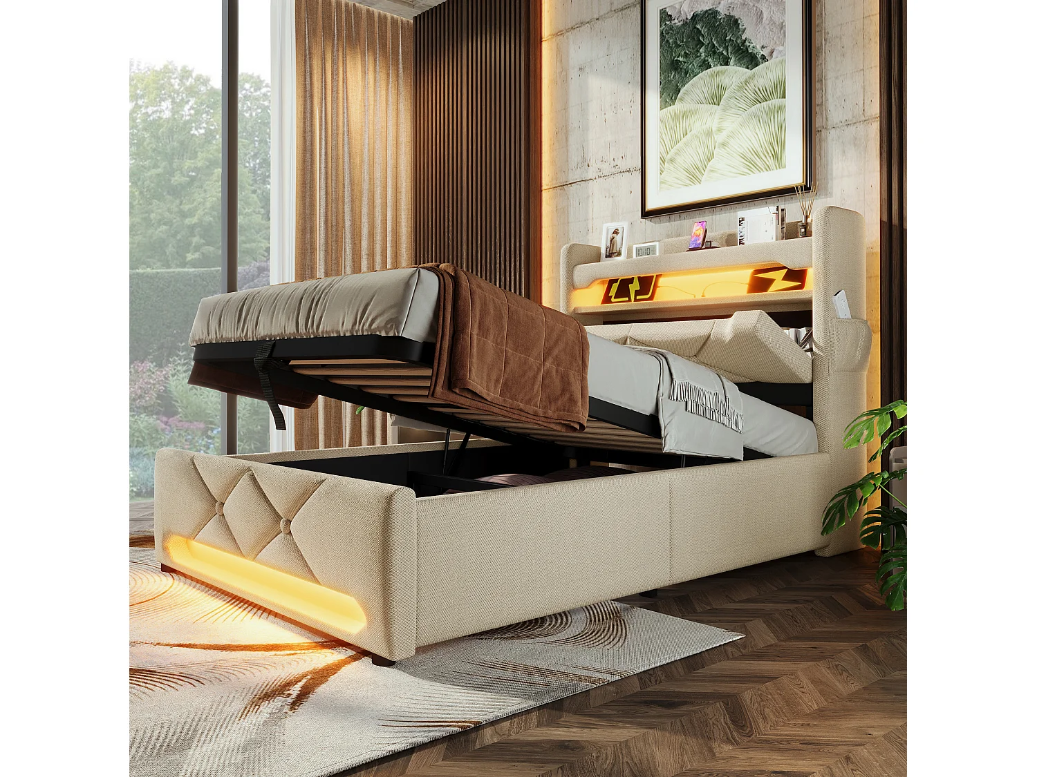 Cama individual de 90x200 cm con cabecero con almacenaje, puertos USB y Tipo C, LED Surround 360°, almacenaje hidráulico, lino beige (225x96x111 cm)