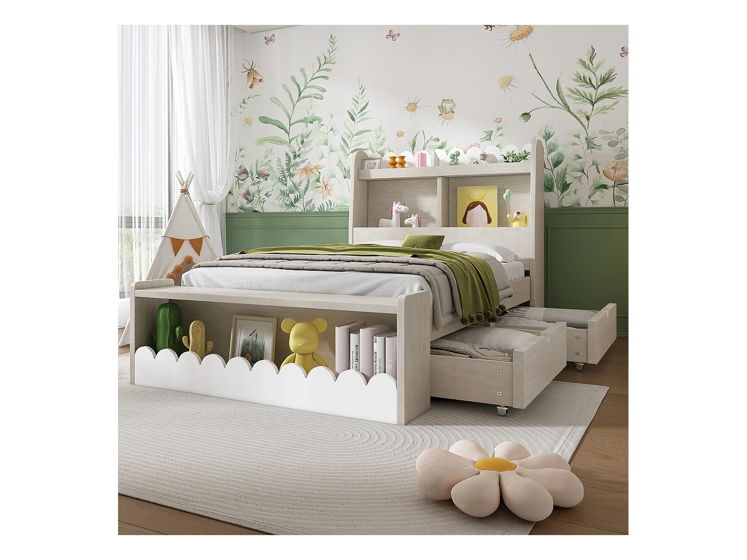 Lit pour enfant 90x200 cm avec rangement, étagères et banc avec rangement, cadre en bois et sommier, blanc et chêne clair (240x98x100 cm)