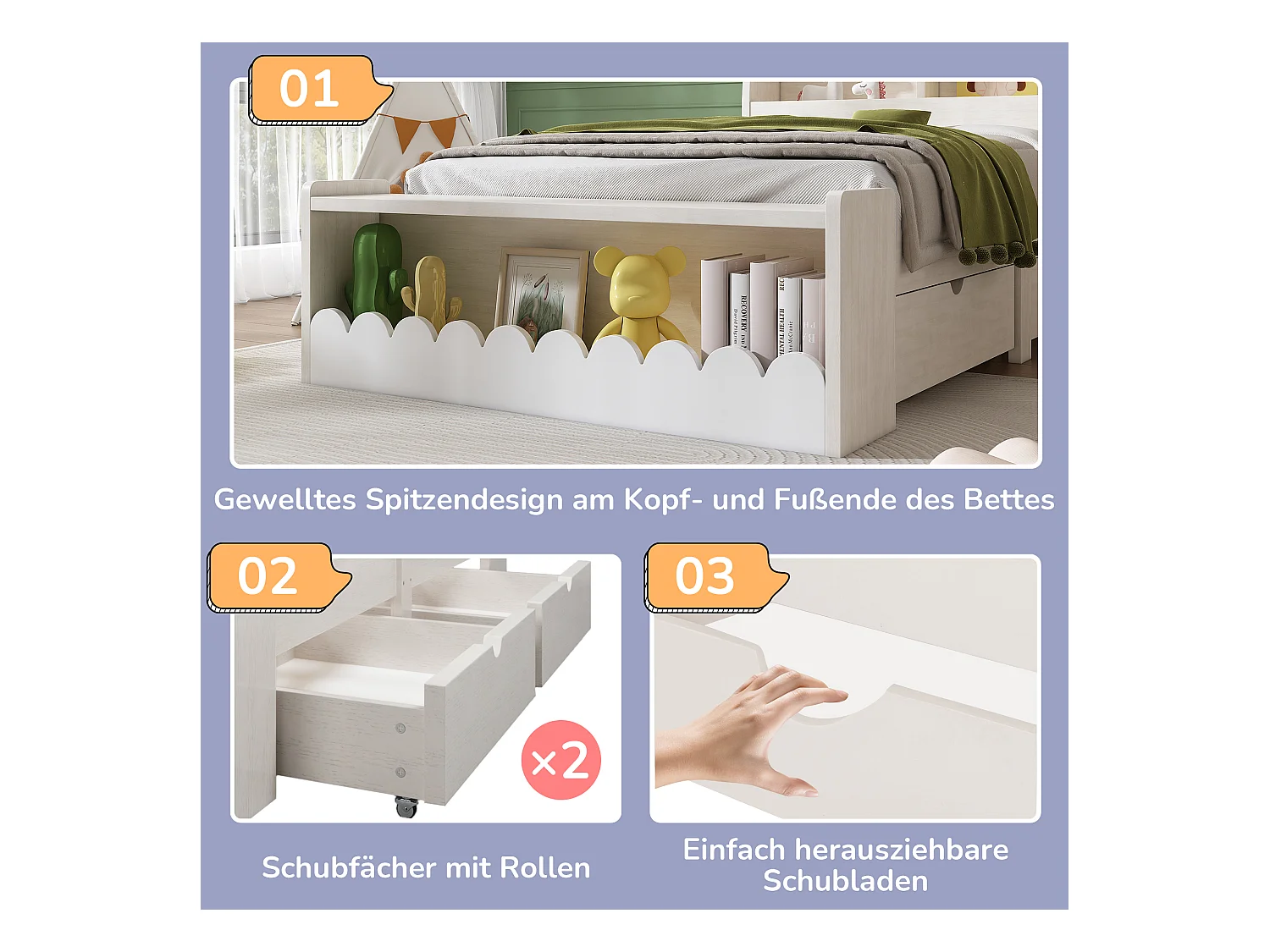 Lit pour enfant 90x200 cm avec rangement, étagères et banc avec rangement, cadre en bois et sommier, blanc et chêne clair (240x98x100 cm)