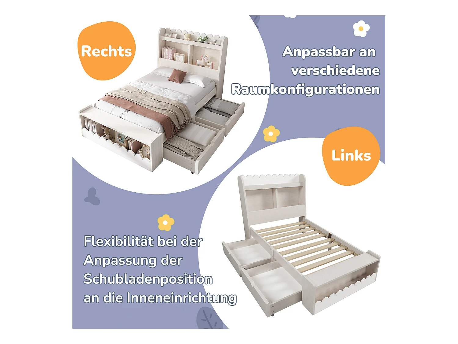 Lit pour enfant 90x200 cm avec rangement, étagères et banc avec rangement, cadre en bois et sommier, blanc et chêne clair (240x98x100 cm)