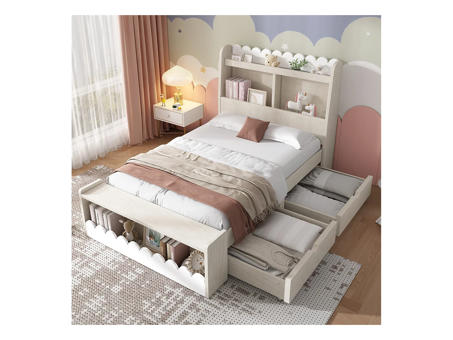 Cama infantil 90x200 cm con almacenaje, baldas y banco con almacenaje, estructura y base de madera, color blanco y roble claro (240x98x100 cm)
