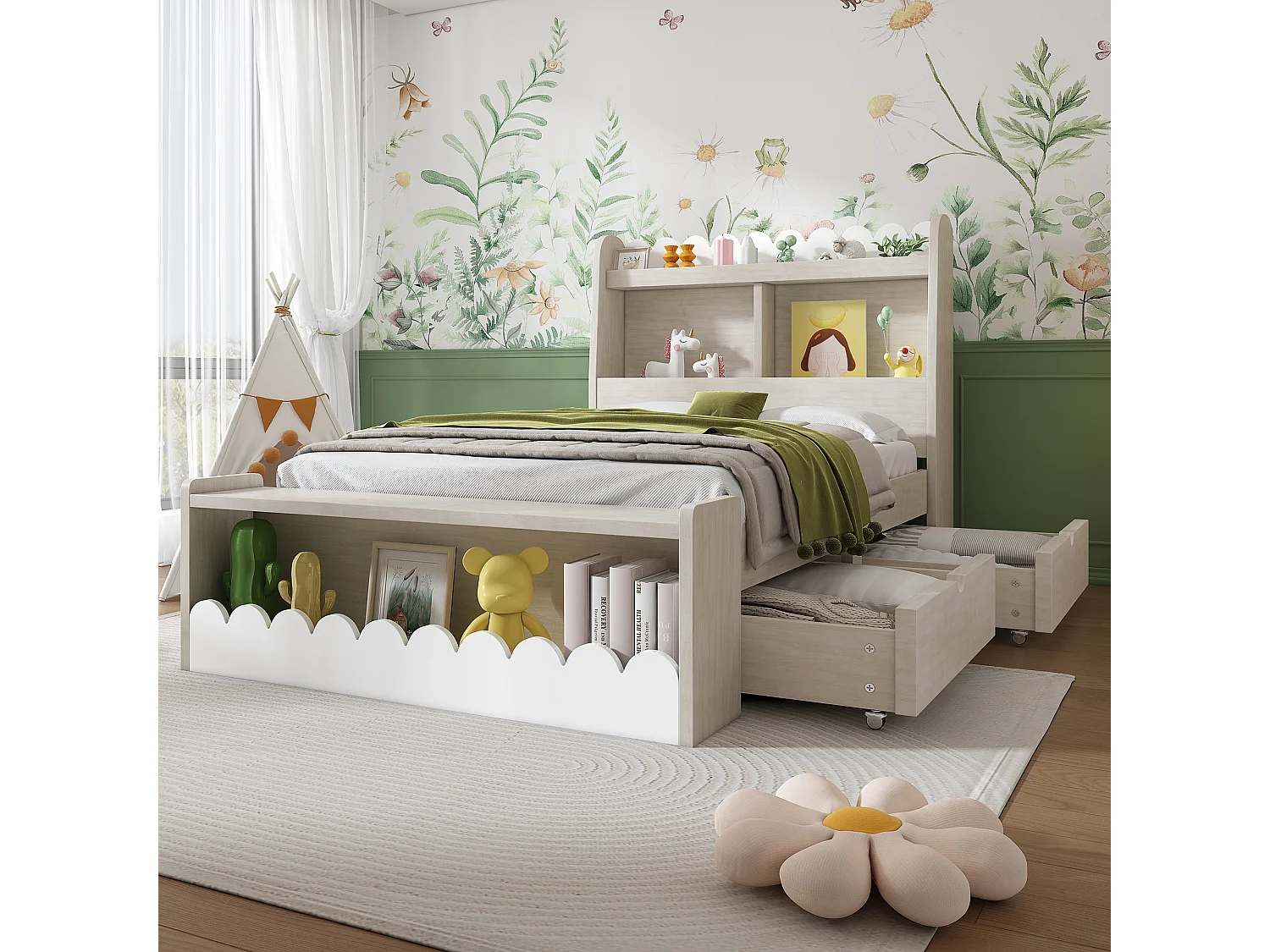 Lit pour enfant 90x200 cm avec rangement, étagères et banc avec rangement, cadre en bois et sommier, blanc et chêne clair (240x98x100 cm)