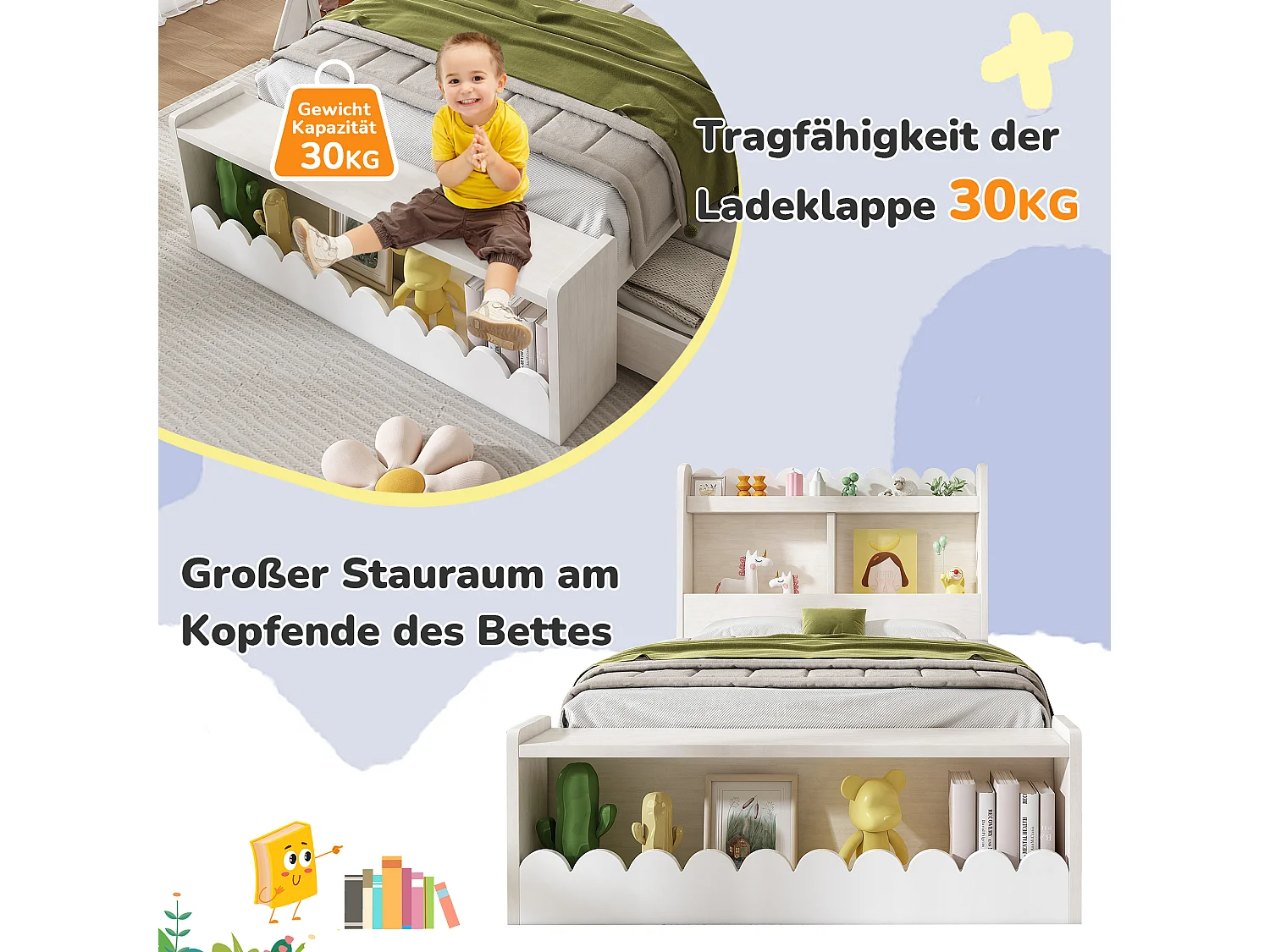 Lit pour enfant 90x200 cm avec rangement, étagères et banc avec rangement, cadre en bois et sommier, blanc et chêne clair (240x98x100 cm)