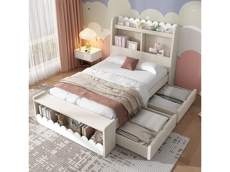 Lit pour enfant 90x200 cm avec rangement, étagères et banc avec rangement, cadre en bois et sommier, blanc et chêne clair (240x98x100 cm)