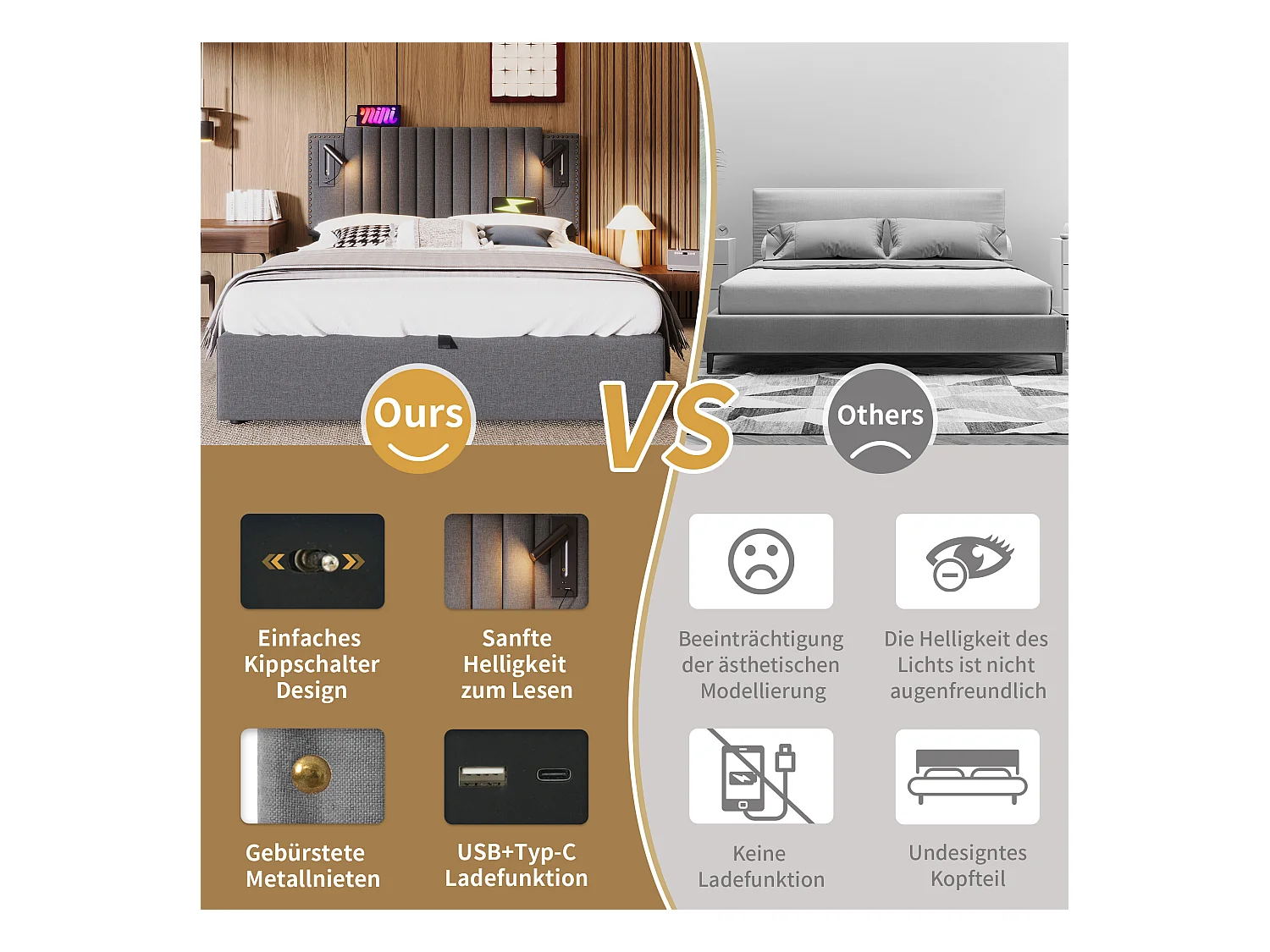 Tweepersoonsbed 180x200, met opbergruimte onder het bed, hoofdeinde met ledverlichting en USB-aansluitingen, grijs katoen (203x187x106 cm)