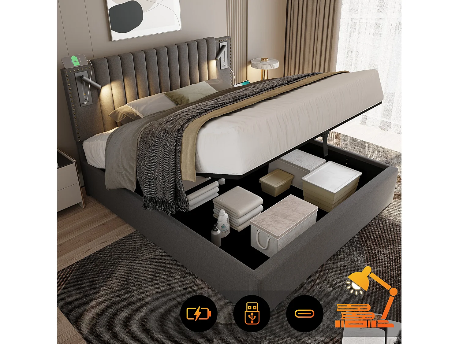 Lit double 180x200, avec rangement sous le lit, tête de lit avec éclairage LED et ports USB, coton gris (203x187x106 cm)